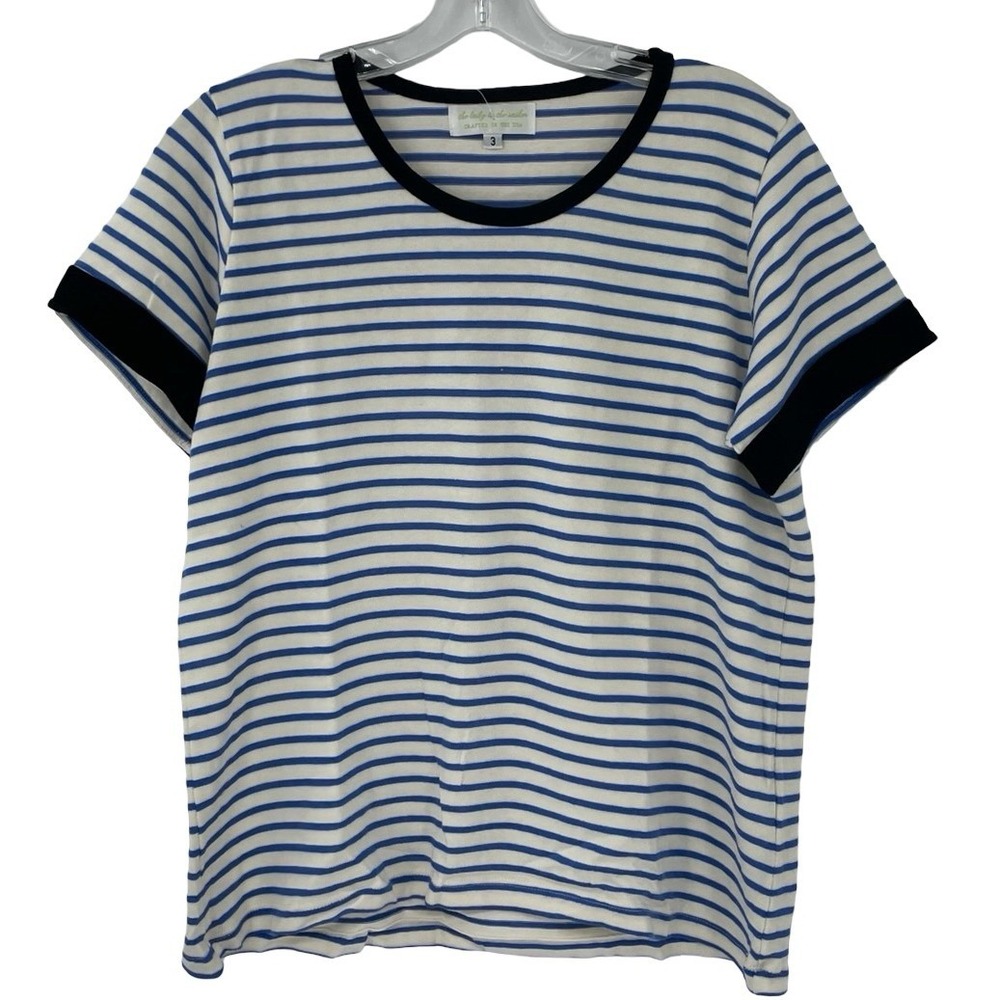 The Lady & The Sailor Women's T-Shirt Striped Blue White Cotton Sz 2